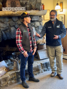 Wes Hoskins Executive Director of MSTPF and Stuart Leidner Superintendent of AK State Parks Mat-Su/Copper Center Region discuss the project at a press event earlier in August.
